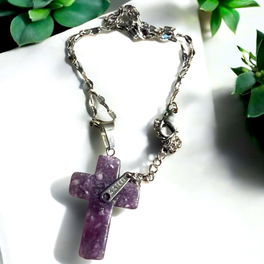 Amethyst Cross Pendant on Stainless Steel Chain - Picture 6 of 6